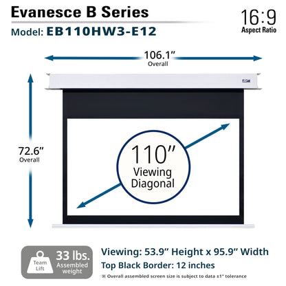 Evancesce B Series projector screen with dimensions and specifications on a white background