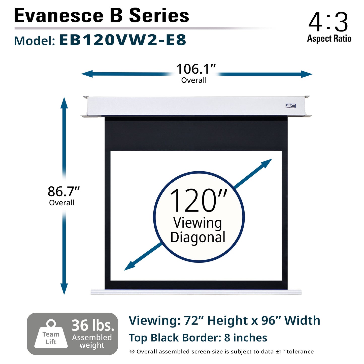 Evance B Series projector screen with dimensions and specifications on a white background