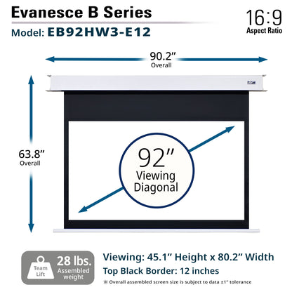 Evancesce B Series projector screen with dimensions and specifications on a white background