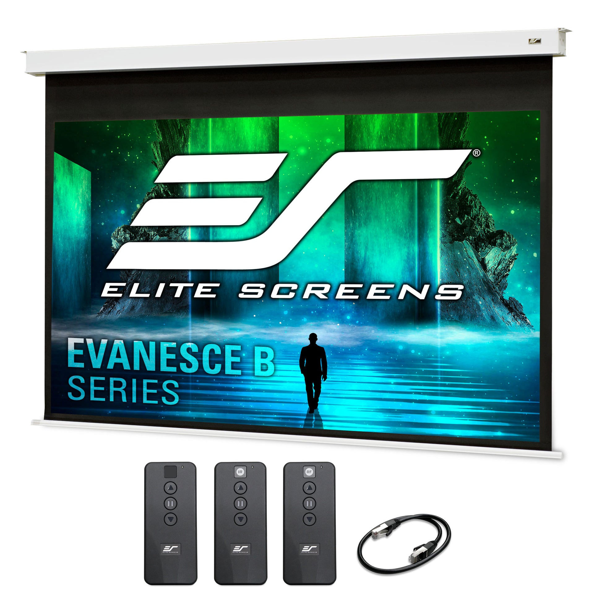 Elite Screens projector screen with remote controls and cable on a white background
