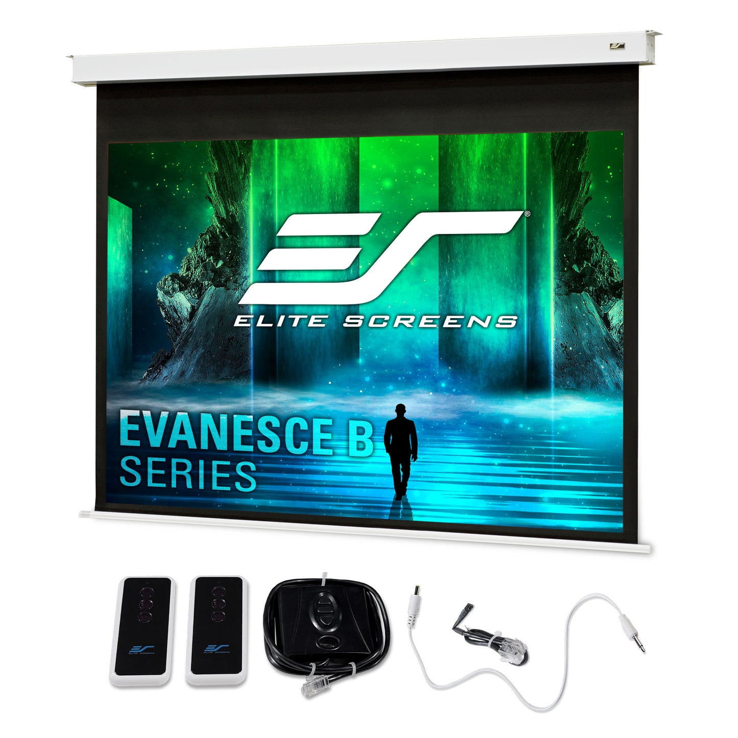 Elite Screens Evanesce B Series projector screen with accessories on a white background