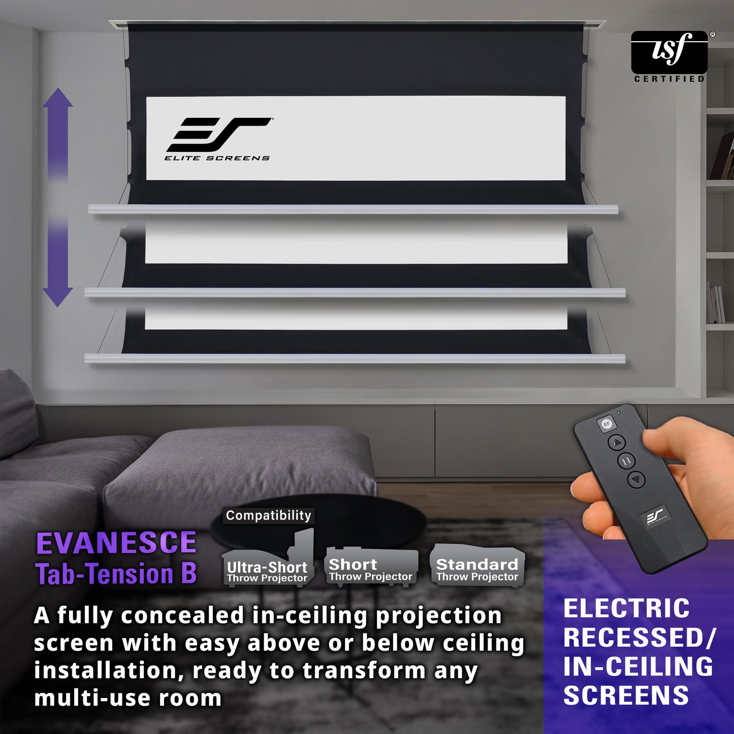 Electric recessed/in-ceiling screen with remote control in a living room setting, featuring Elite Screens branding.