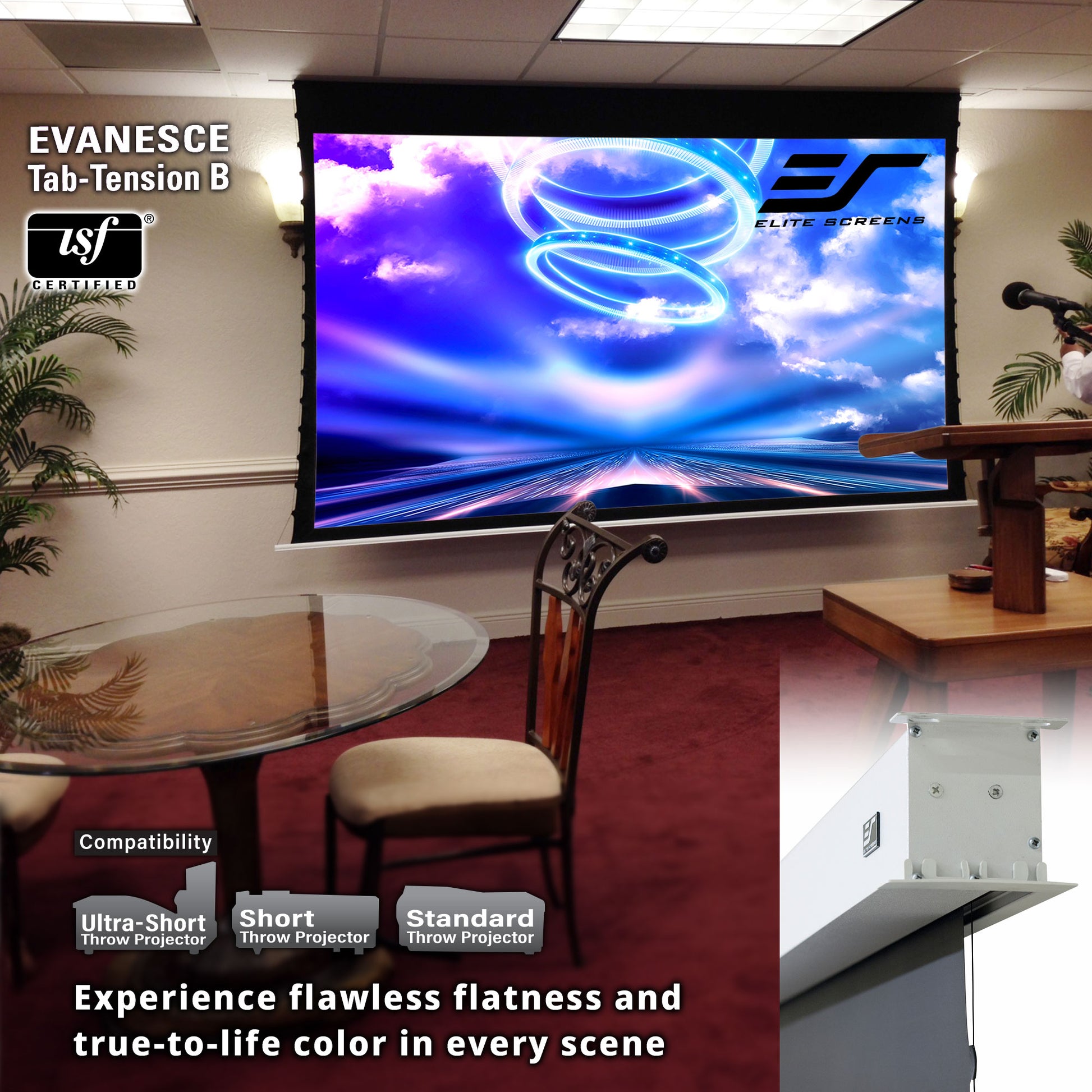 Projector screen with Elite Screens branding in a room setting