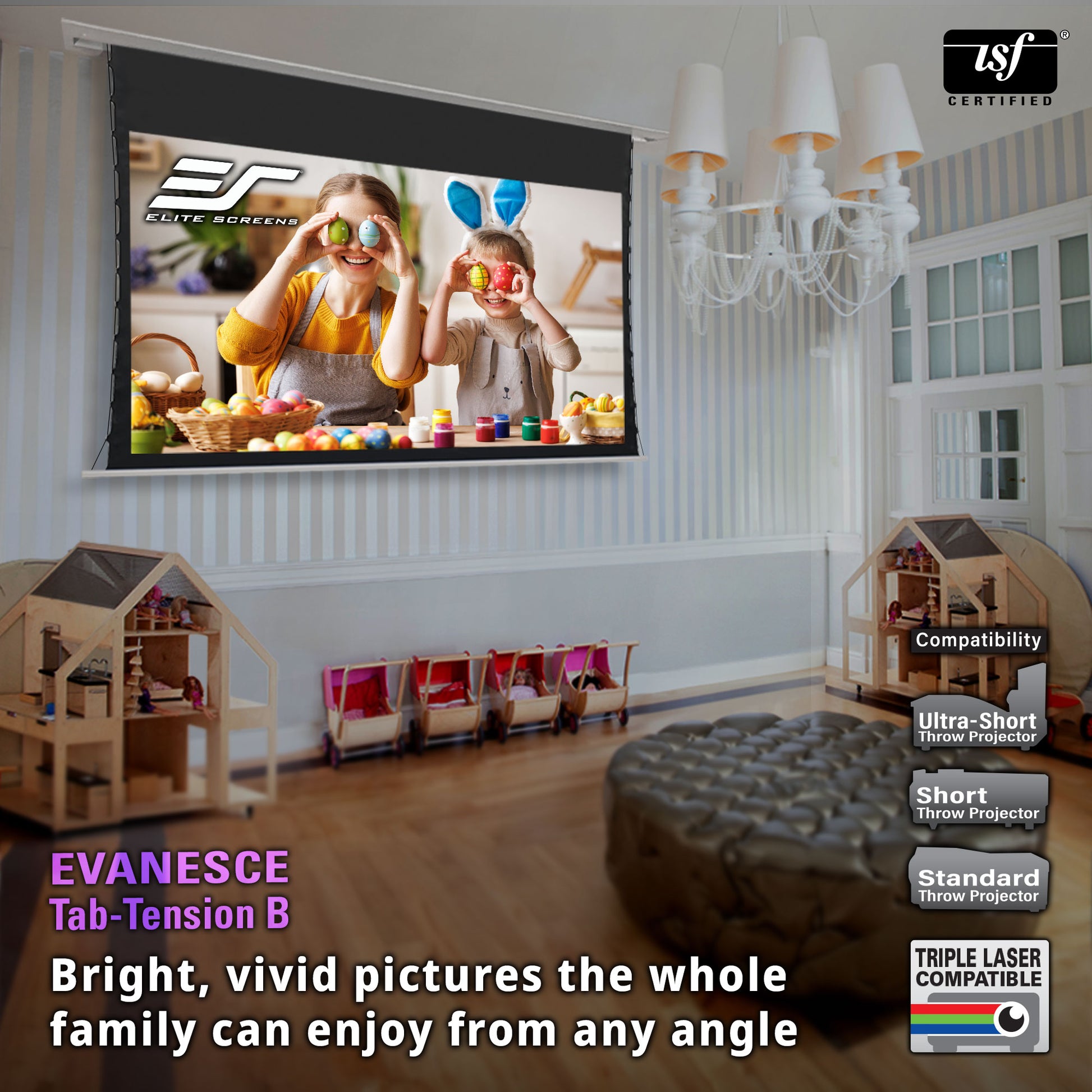 Living room with a projector screen displaying an image of two children playing, with text about projector features.