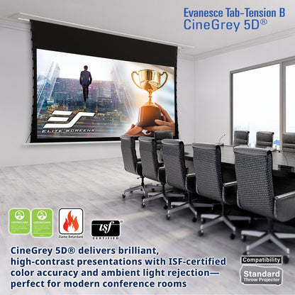 Conference room with a large projector screen displaying Elite Screens branding, featuring CineGrey 5D technology.