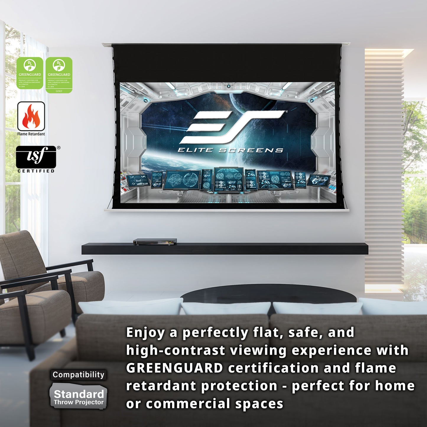 Elite Screens projector screen in a living room setting with certification logos displayed.
