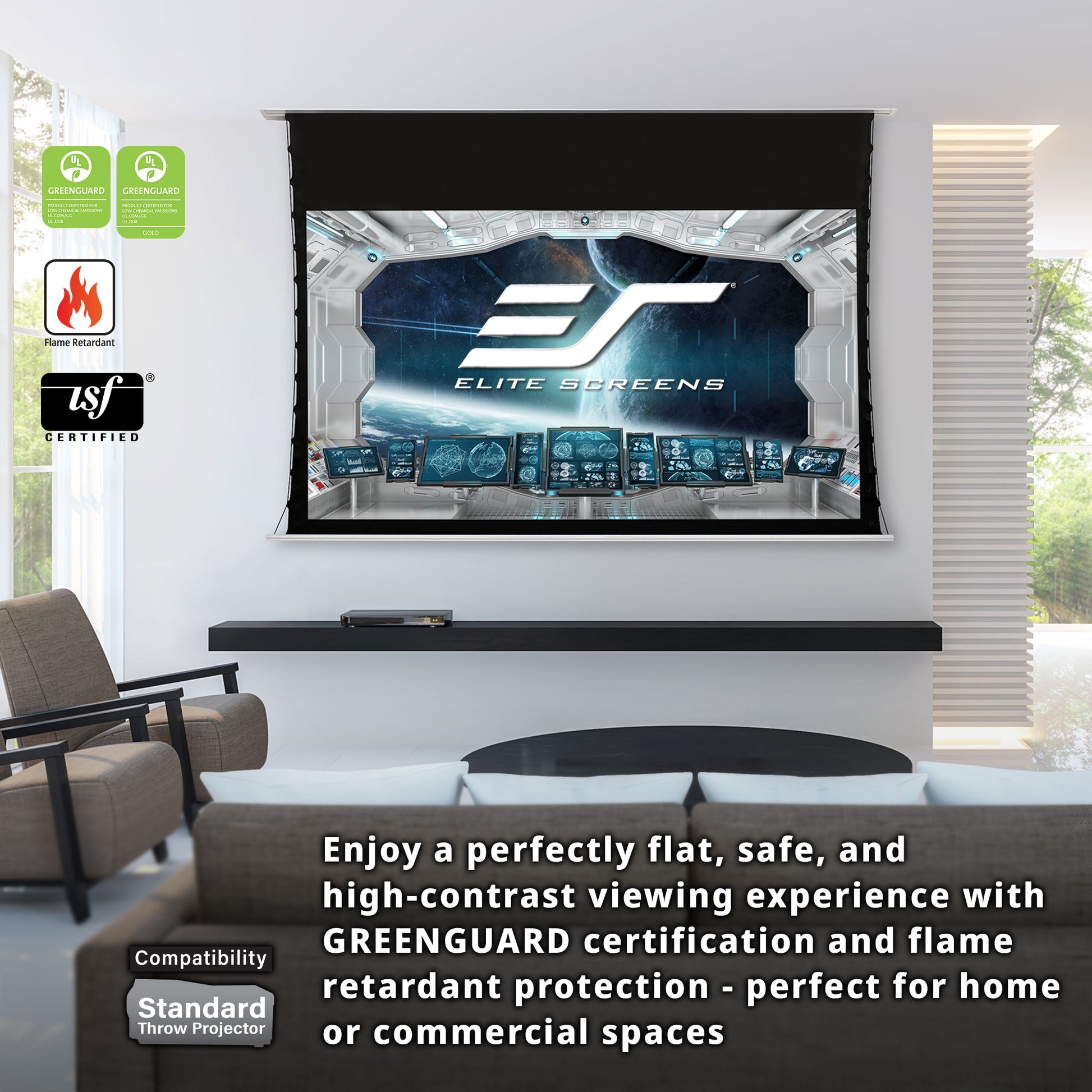 Elite Screens projector screen in a living room setting with certification logos displayed.