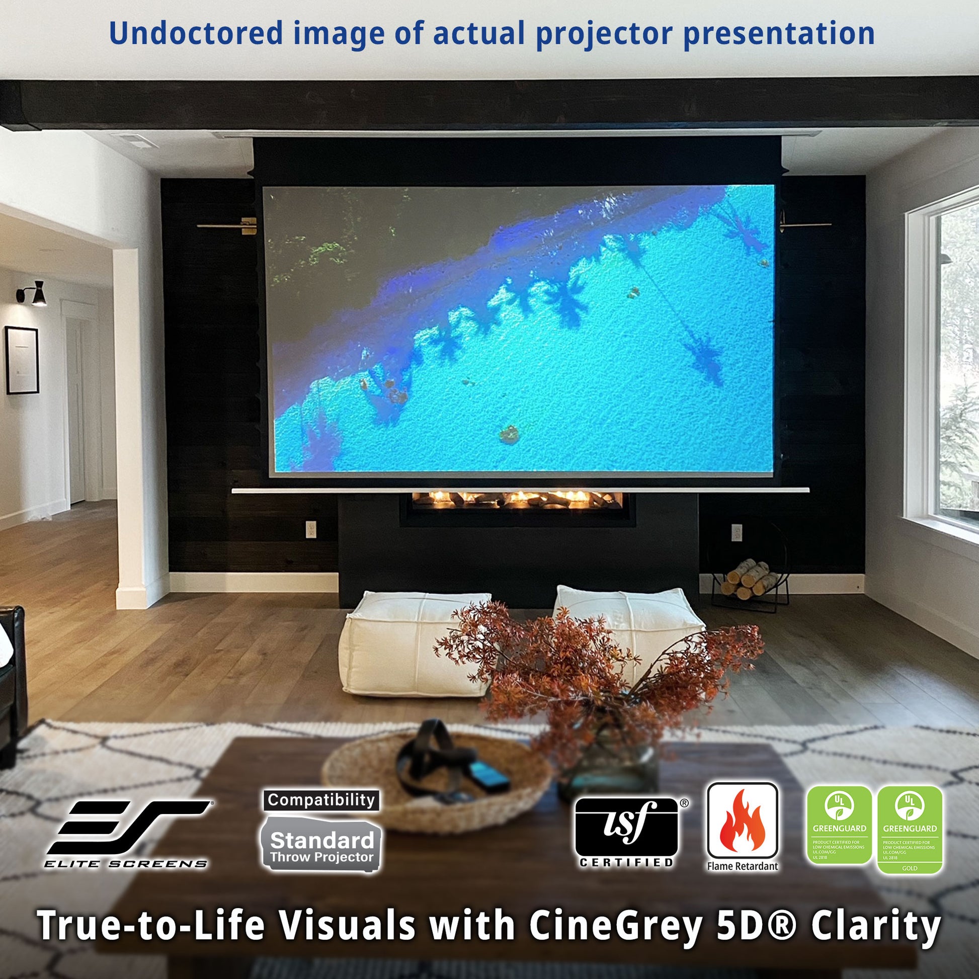 Living room with a large screen displaying a blue screen, featuring Elite Screens branding and product features.