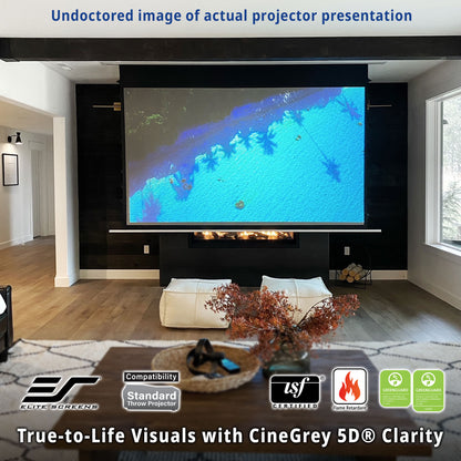 Living room with a large screen displaying a blue screen, featuring Elite Screens branding and product features.