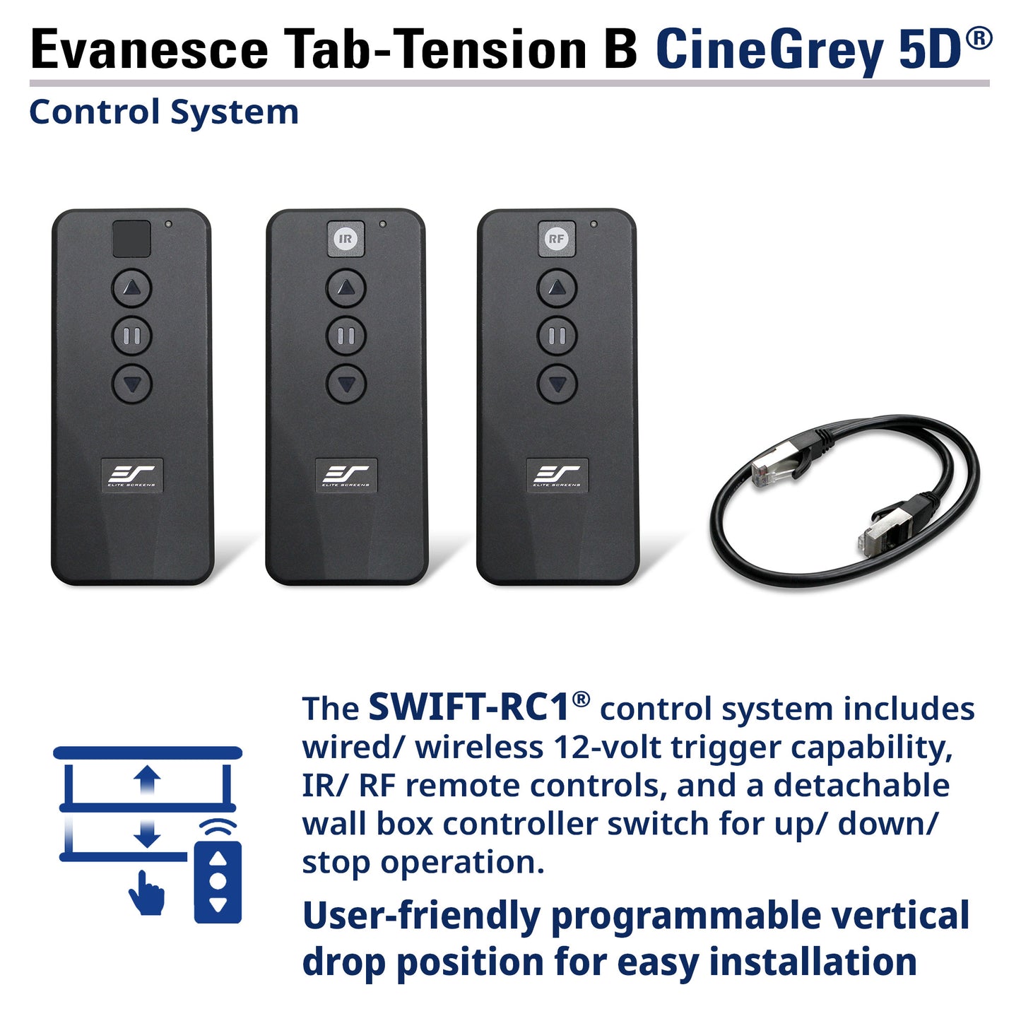 Evancesce Tab-Tension B CineGrey 5D control system with remote controls and cable on a white background.