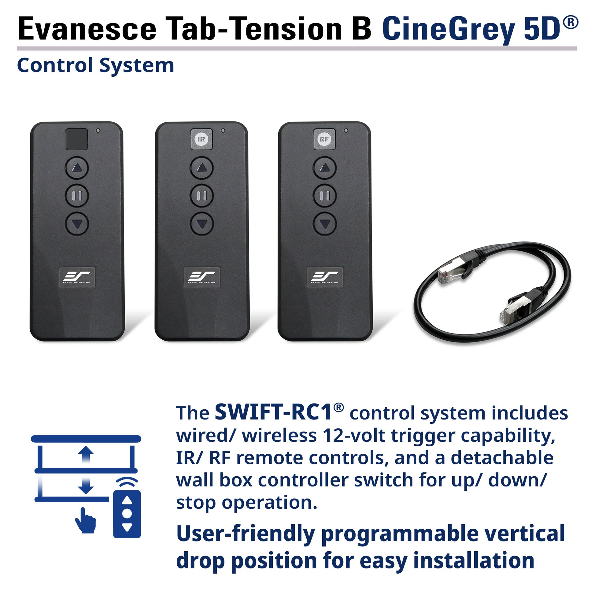 Evancesce Tab-Tension B CineGrey 5D control system with remote controls and cable on a white background.