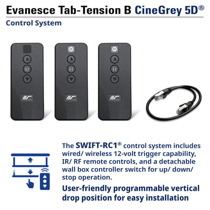 Evancesce Tab-Tension B CineGrey 5D control system with remote controls and cable on a white background.