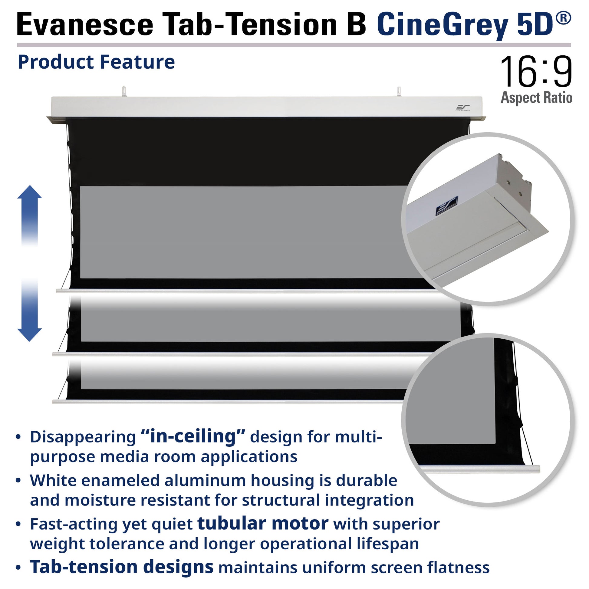 Evancesce Tab-Tension B CineGrey 5D product feature display with technical details.