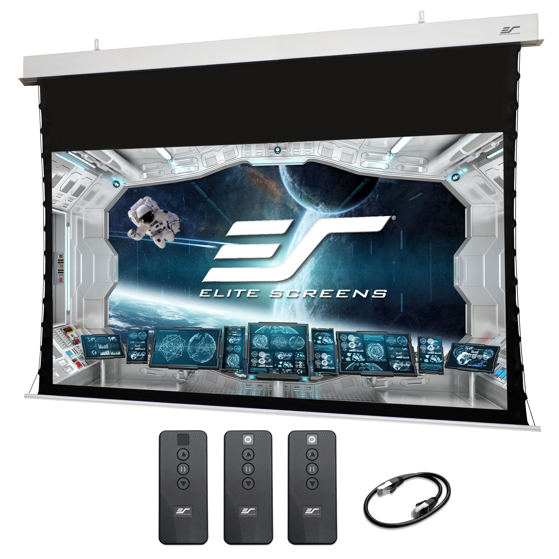 Elite Screens projector screen with remote controls and cable on a white background