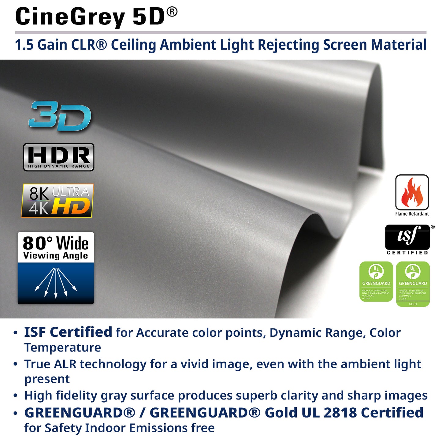 CineGrey 5D screen material with features and certifications on a white background