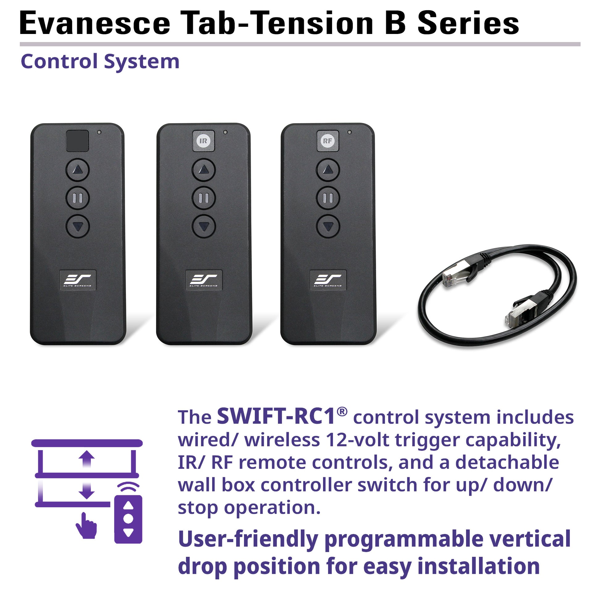 Evancesce Tab-Tension B Series control system with remote controls and cable on a white background