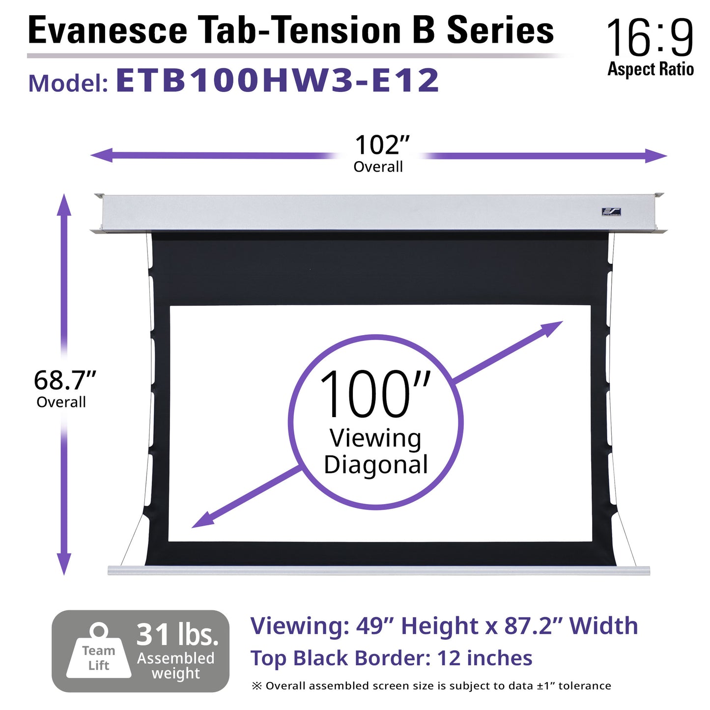 Evancesce Tab-Tension B Series projector screen with dimensions and specifications on a white background