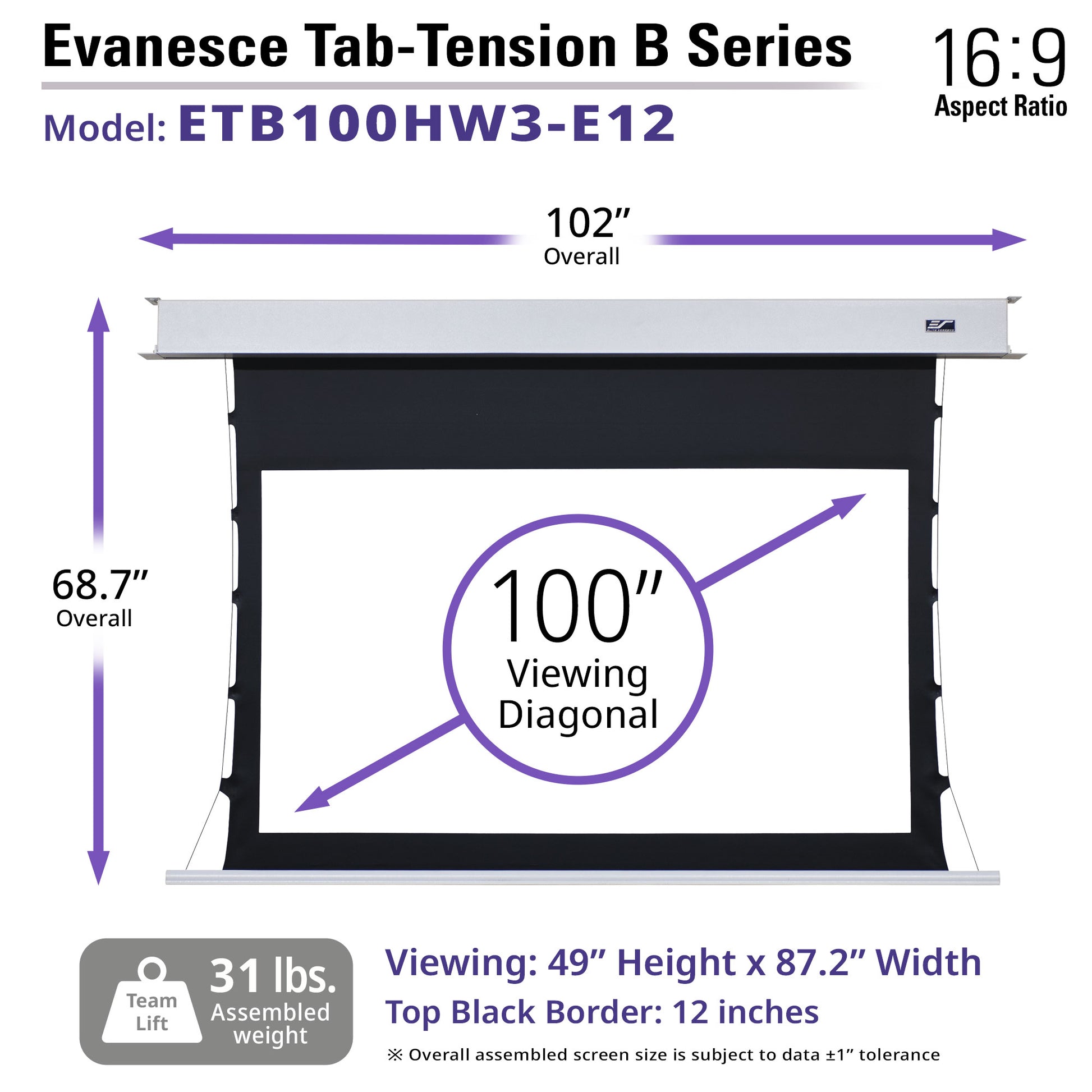 Evancesce Tab-Tension B Series projector screen with dimensions and specifications on a white background