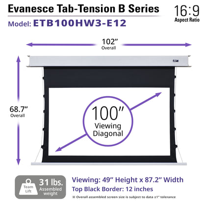 Evancesce Tab-Tension B Series projector screen with dimensions and specifications on a white background