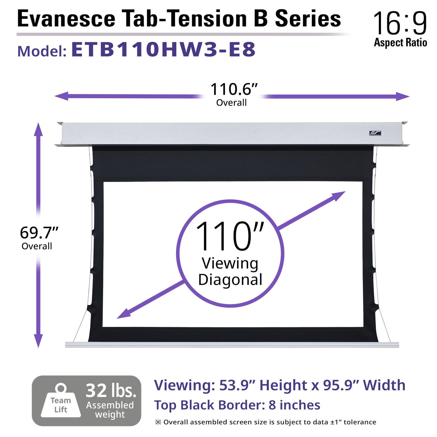 Evancesce Tab-Tension B Series projector screen with dimensions and specifications on a white background
