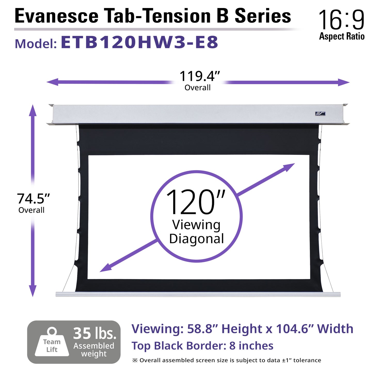 Evancesce Tab-Tension B Series projector screen with dimensions and specifications.