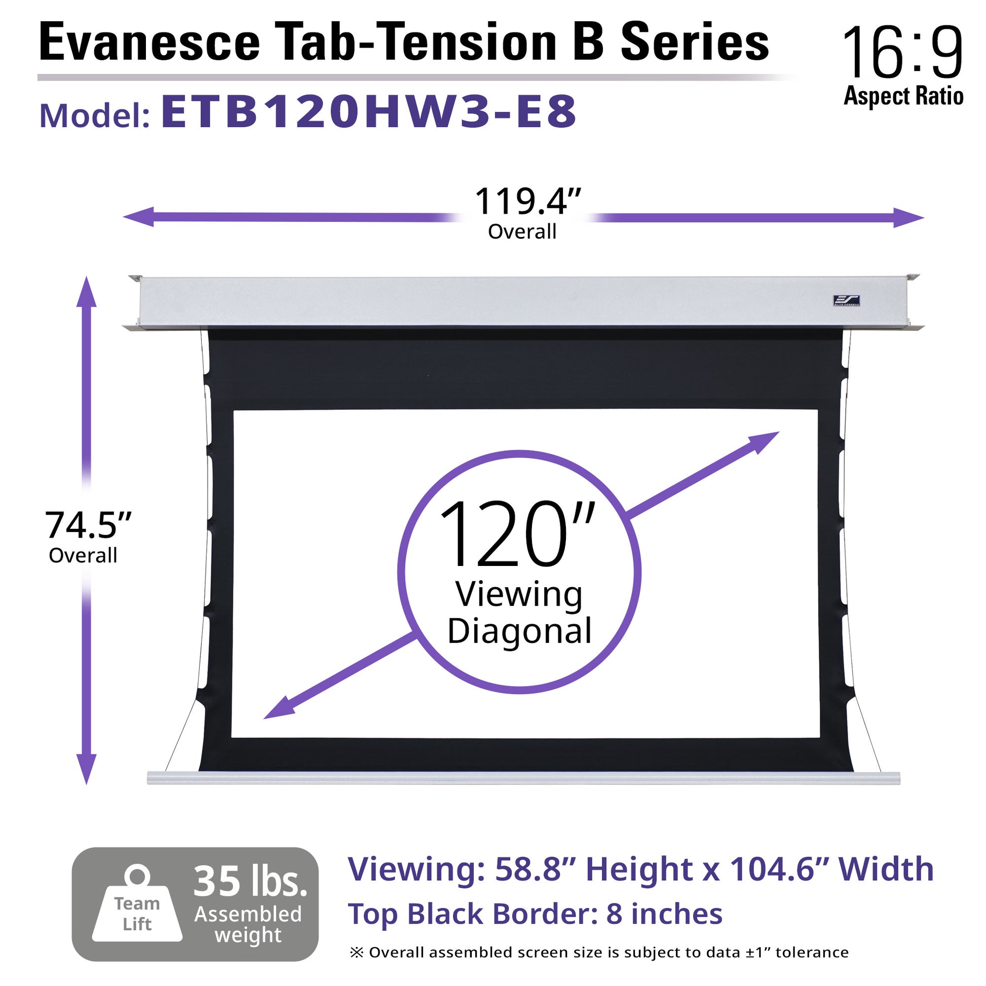 Evancesce Tab-Tension B Series projector screen with dimensions and specifications.
