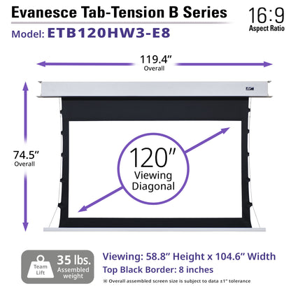 Evancesce Tab-Tension B Series projector screen with dimensions and specifications.