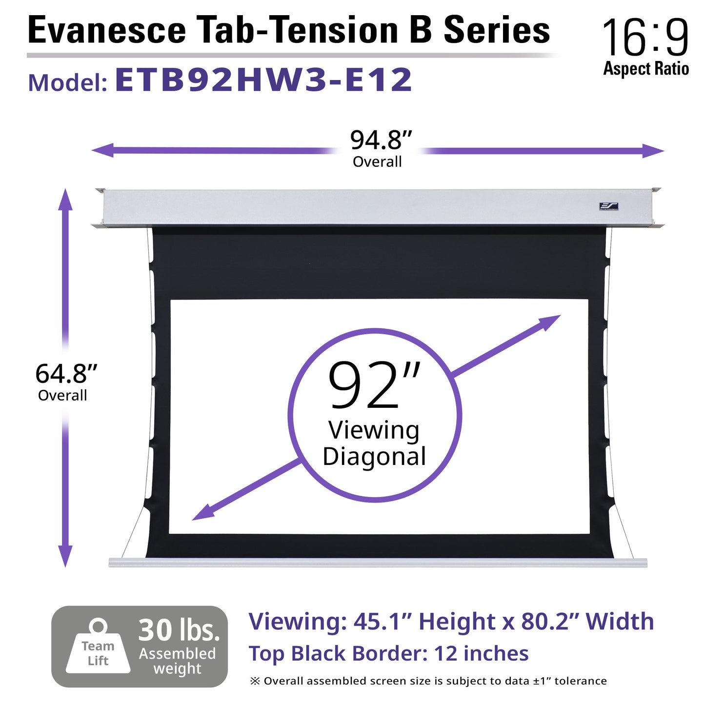 Evancesce Tab-Tension B Series projector screen with dimensions and specifications on a white background