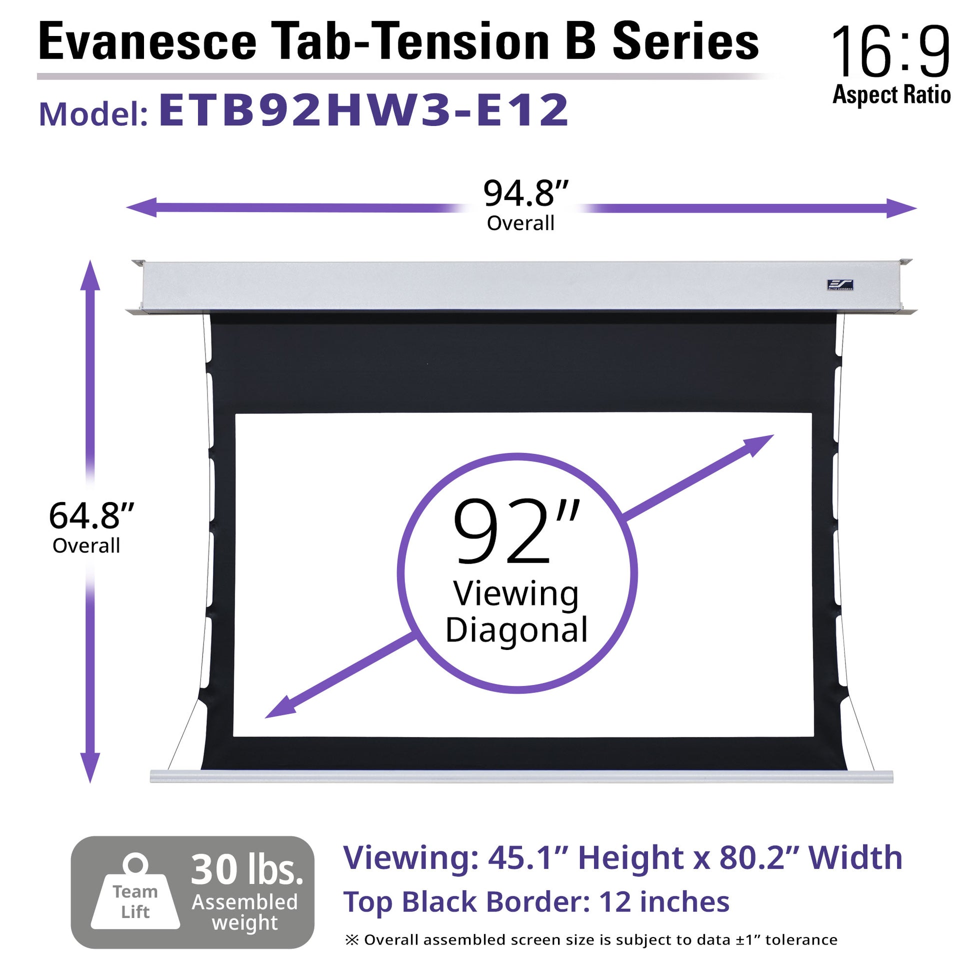 Evancesce Tab-Tension B Series projector screen with dimensions and specifications on a white background