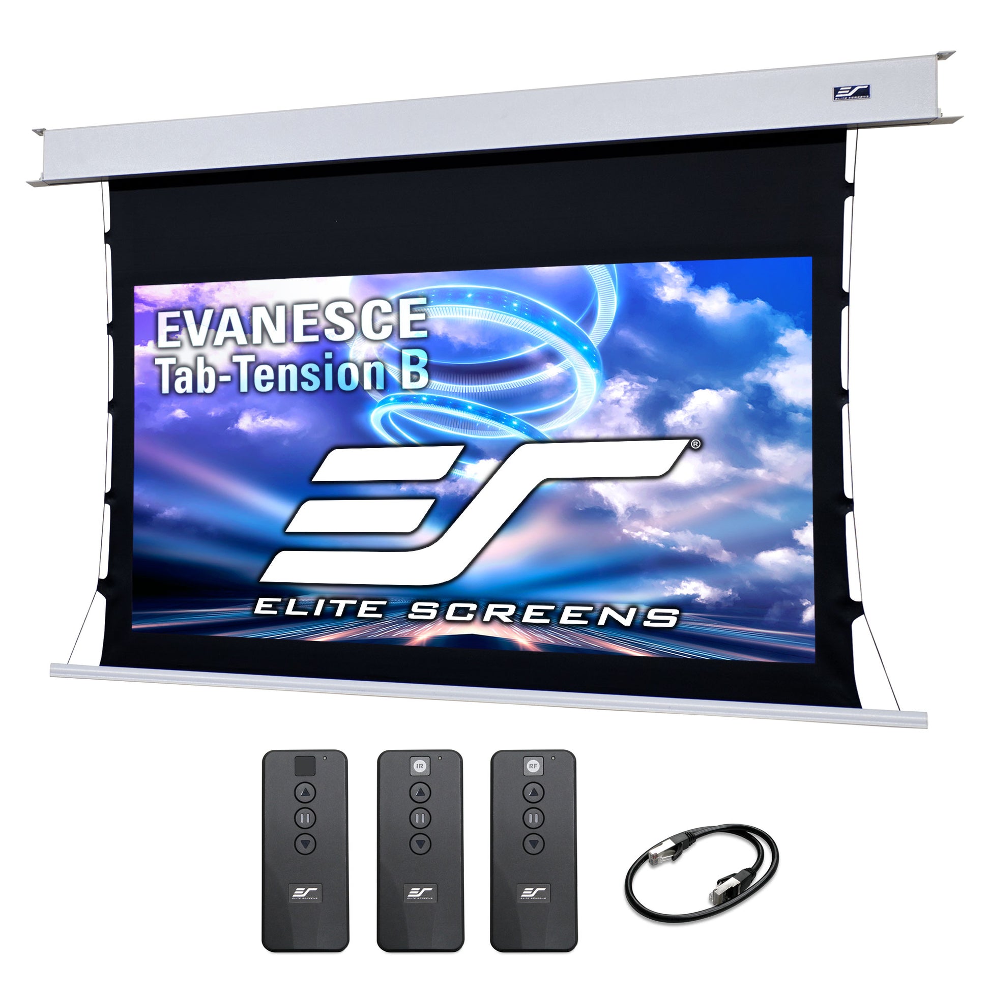 Elite Screens Tab-Tension B projector screen with remote controls and cable on a white background
