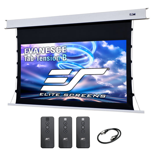 Elite Screens Tab-Tension B projector screen with remote controls and cable on a white background