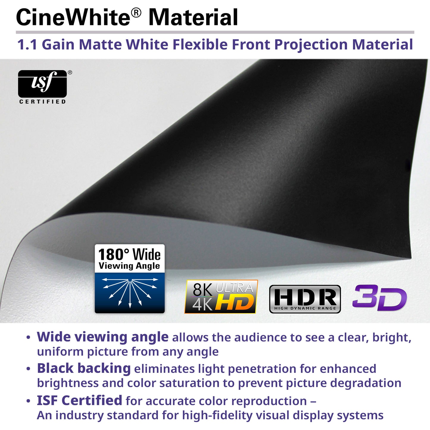 CineWhite material for flexible front projection with ISF certification and features listed.