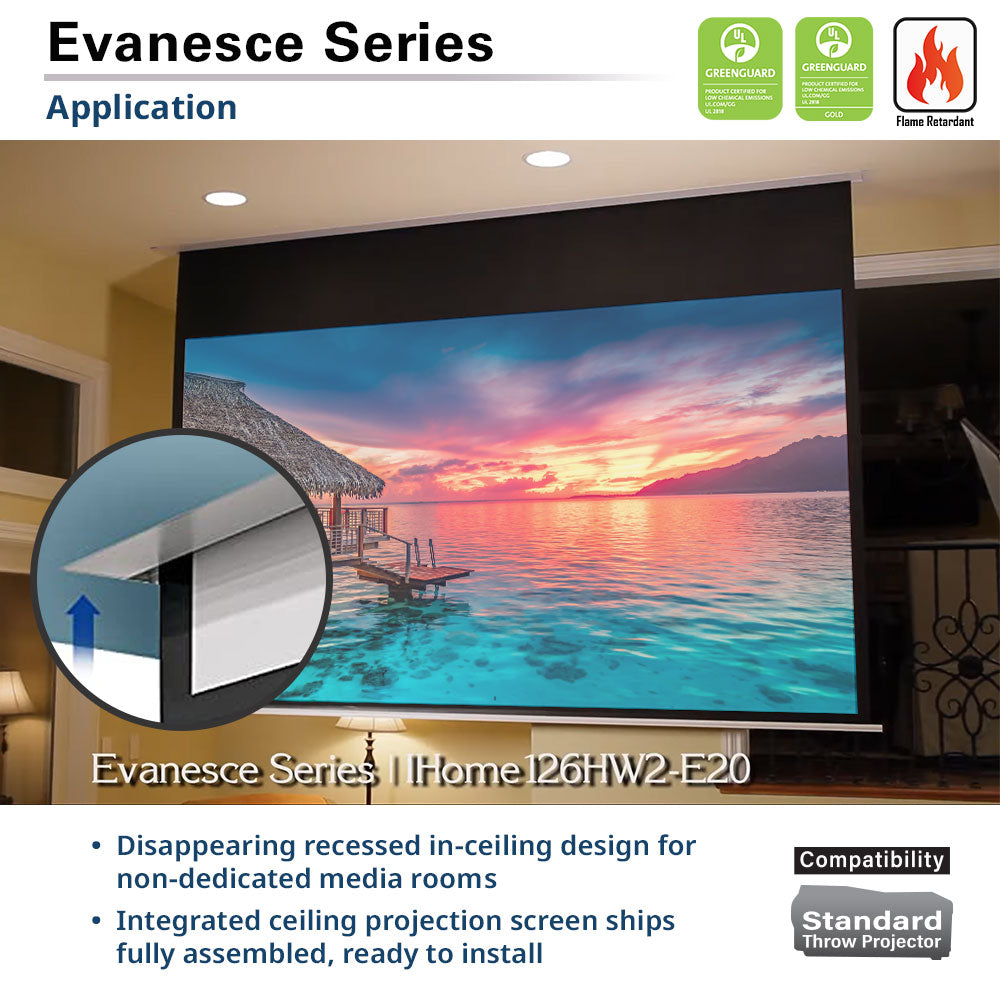 Ceiling projection screen with sunset over water view in a room, featuring the Evanesce Series Home126HW2-E20 model.