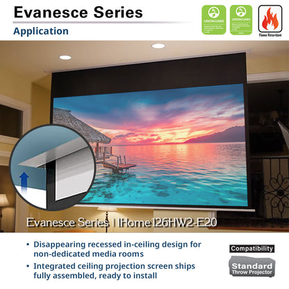 Ceiling projection screen with sunset over water view in a room, featuring the Evanesce Series Home126HW2-E20 model.