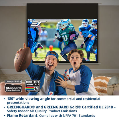 Two people reacting to a football game on a large screen TV in a living room.