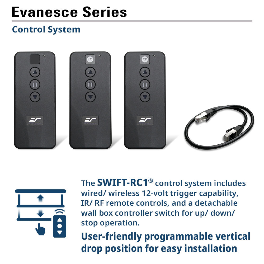 Evancesce Series control system with three remote controls and a cable on a white background.