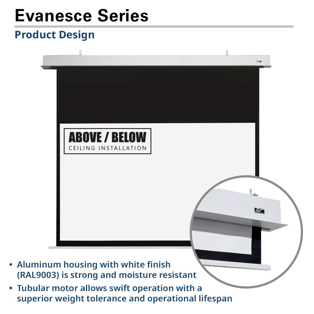 Evancesce Series product design with a ceiling-mounted screen and motor detail.