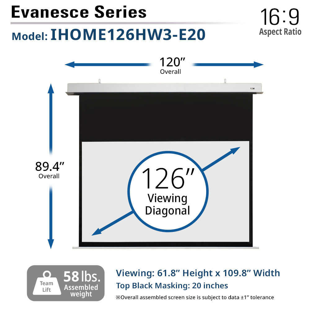 Evancesce Series projector screen with dimensions and specifications on a white background