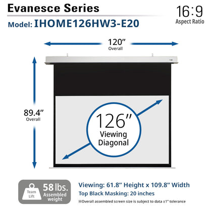 Evancesce Series projector screen with dimensions and specifications on a white background