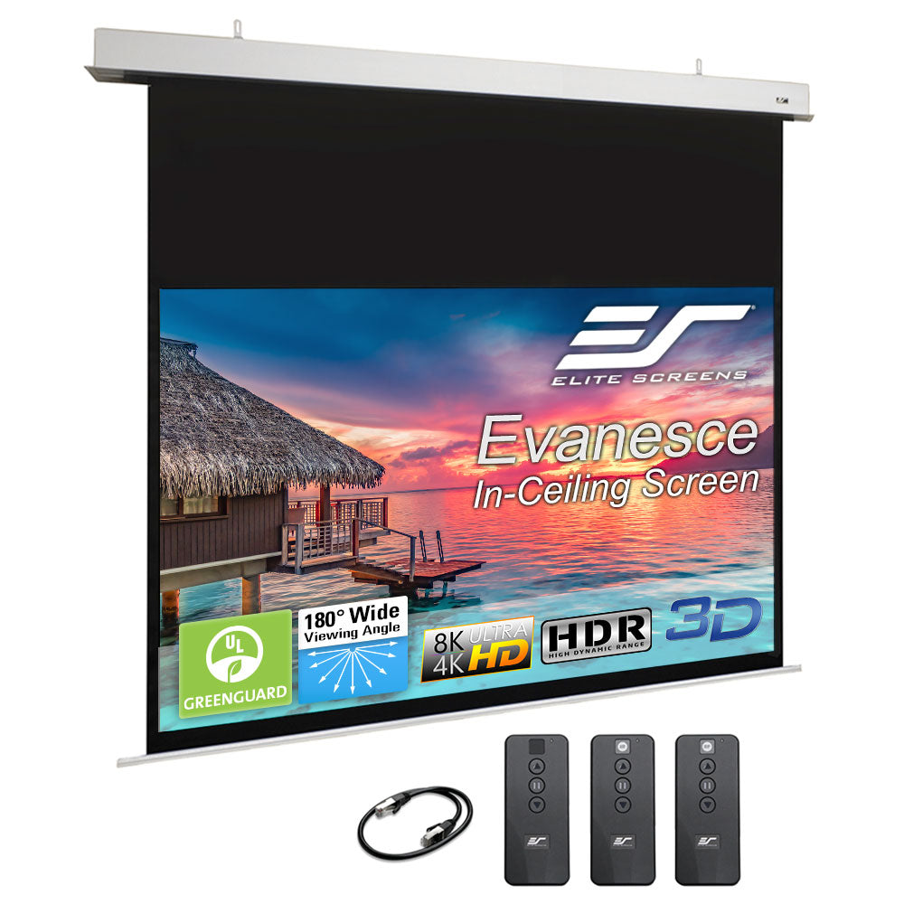 Elite Screens Evanescence In-Ceiling Screen with remote controls on a white background