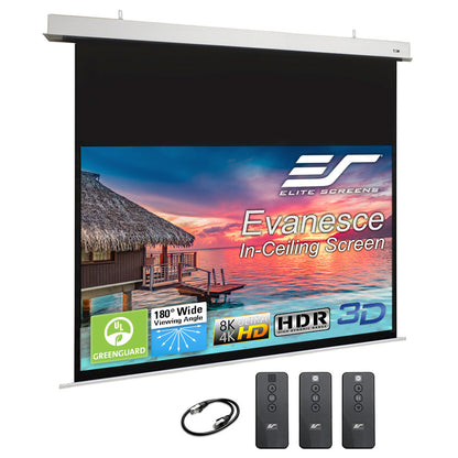 Elite Screens Evanescence In-Ceiling Screen with remote controls on a white background