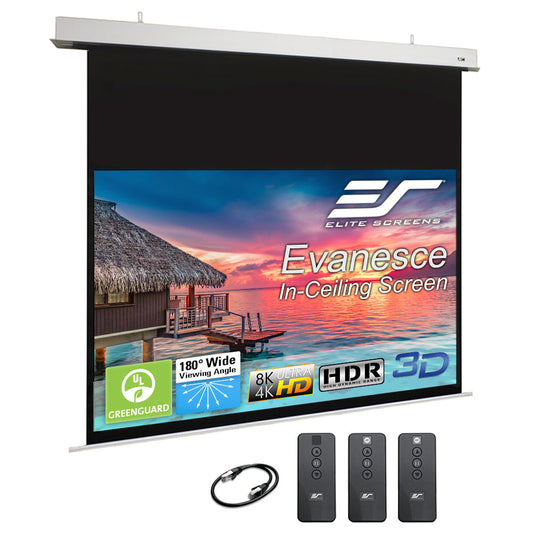 Elite Screens Evanescence In-Ceiling Screen with remote controls on a white background