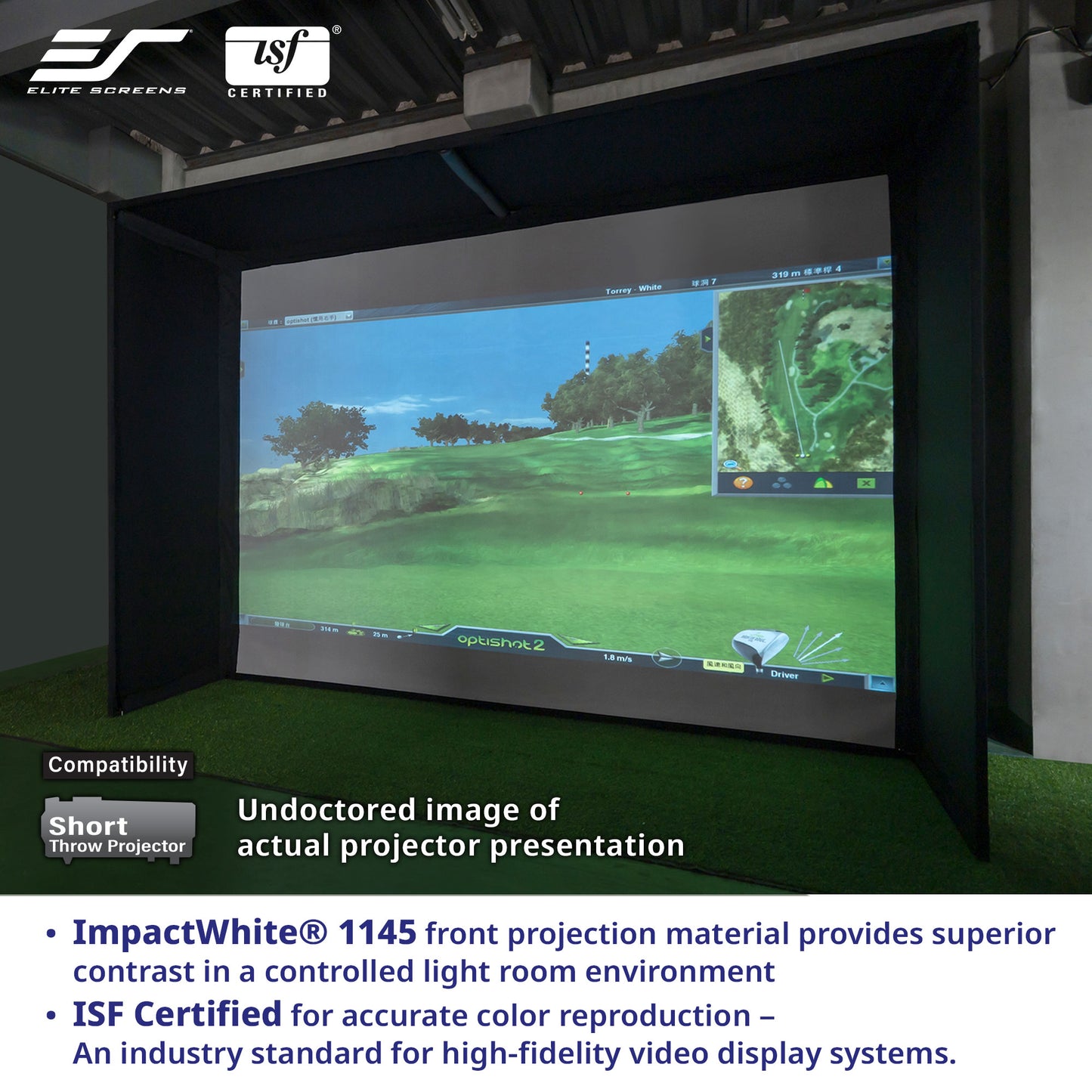 Projector screen with a golf simulation game displayed, featuring Elite Screens and ISF logos.