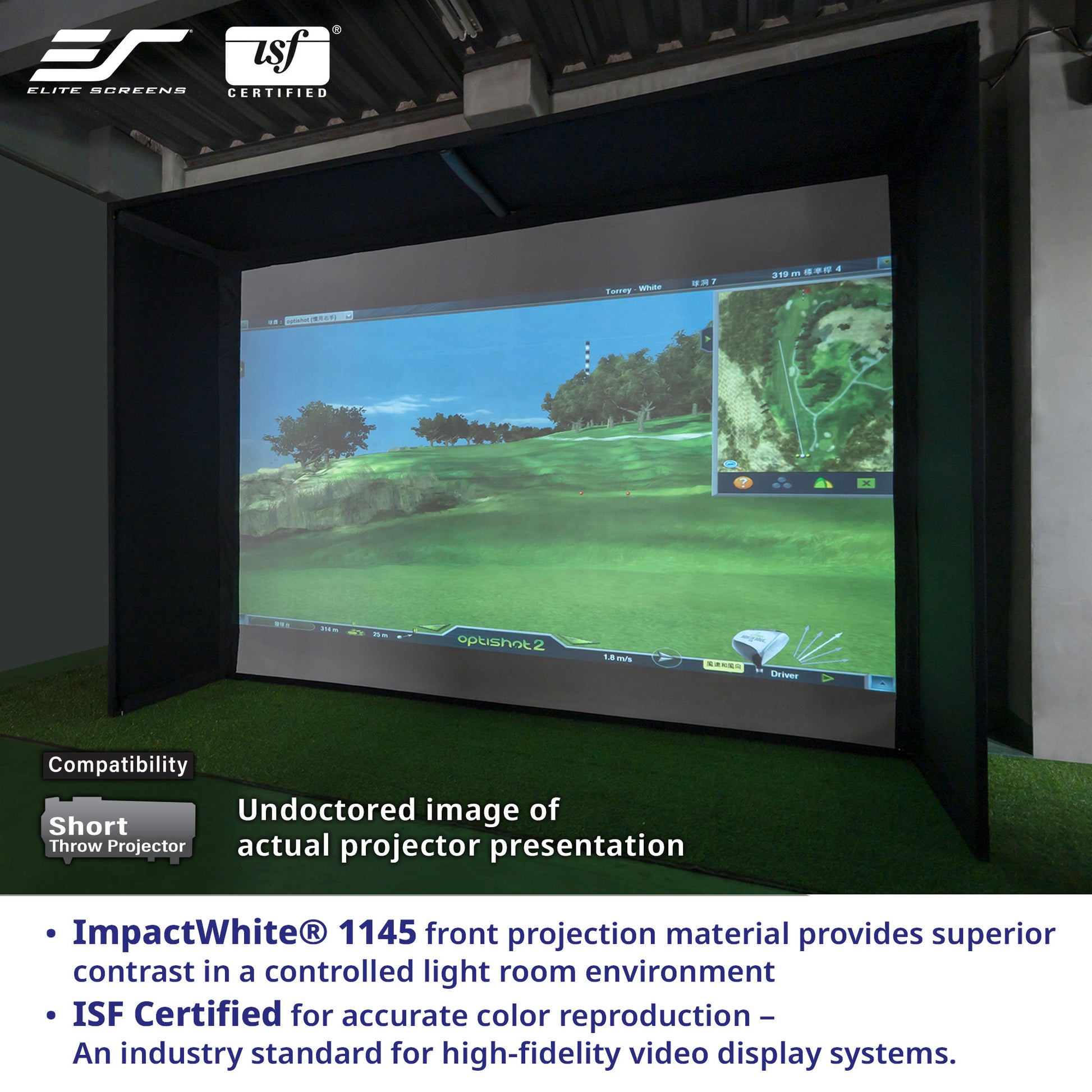 Projector screen with a golf simulation game displayed, featuring Elite Screens and ISF logos.