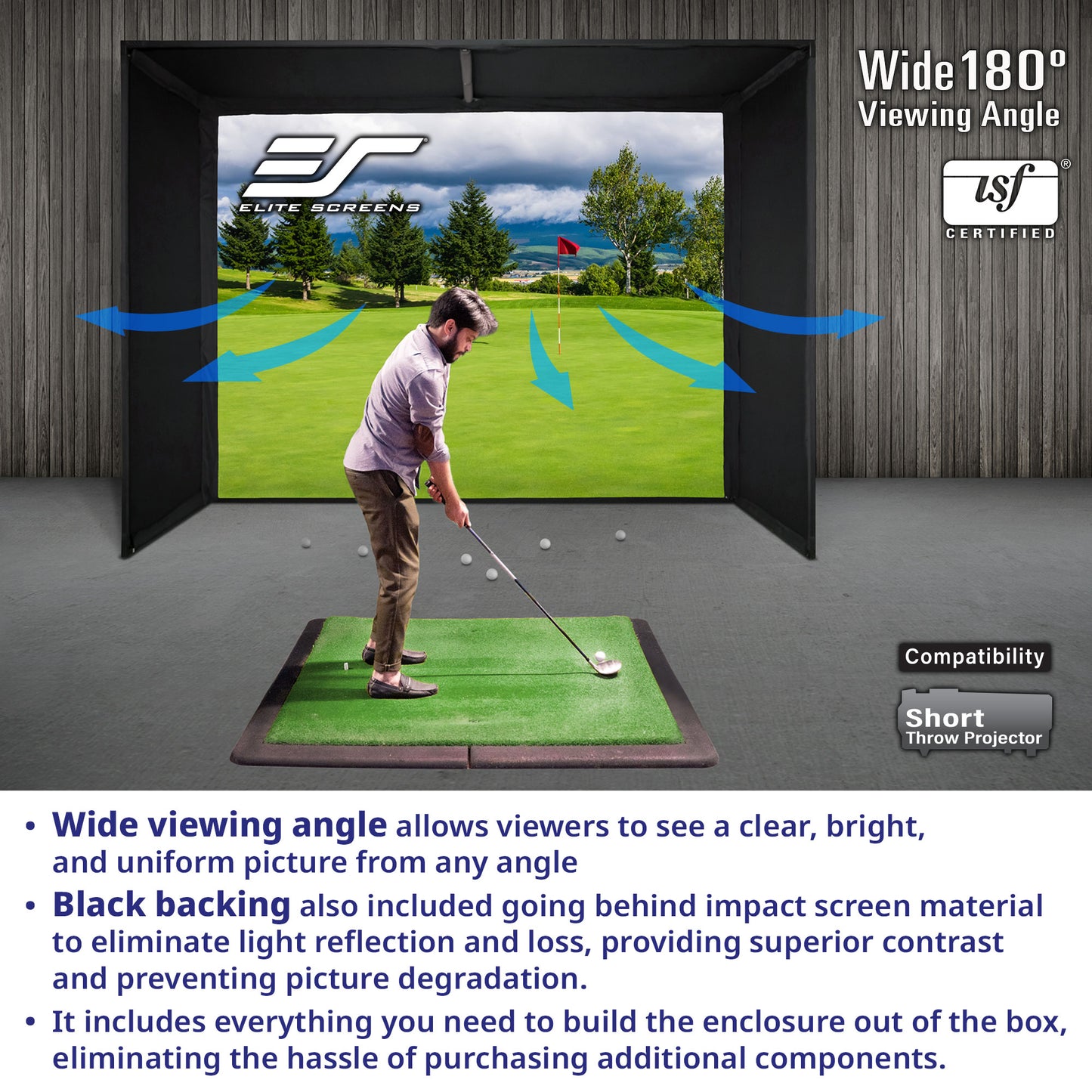 Golf simulator setup with screen displaying a golf course, featuring Elite Screens branding.