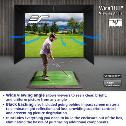 Golf simulator setup with screen displaying a golf course, featuring Elite Screens branding.