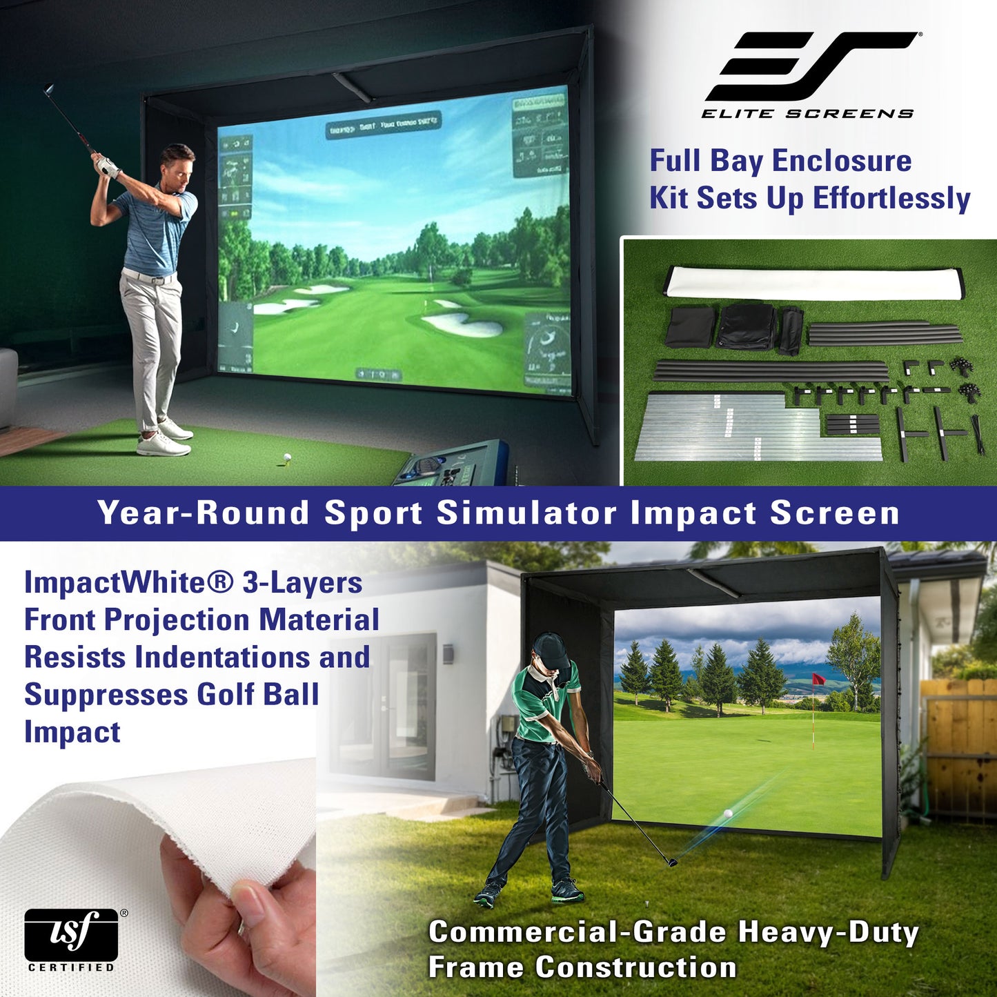 Elite Screens golf simulator setup with a screen displaying a golf course and product features highlighted.