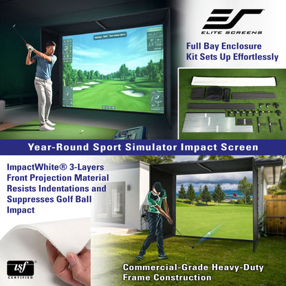 Elite Screens golf simulator setup with a screen displaying a golf course and product features highlighted.