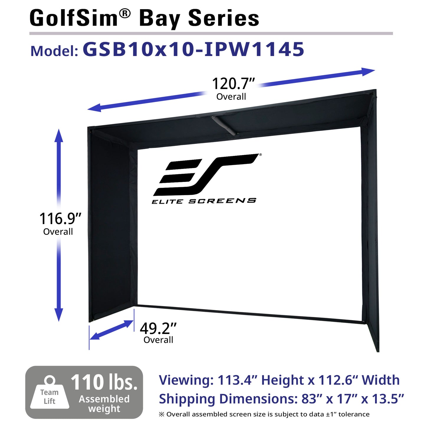 Elite Screens GolfSim Bay Series screen with dimensions and specifications on a white background