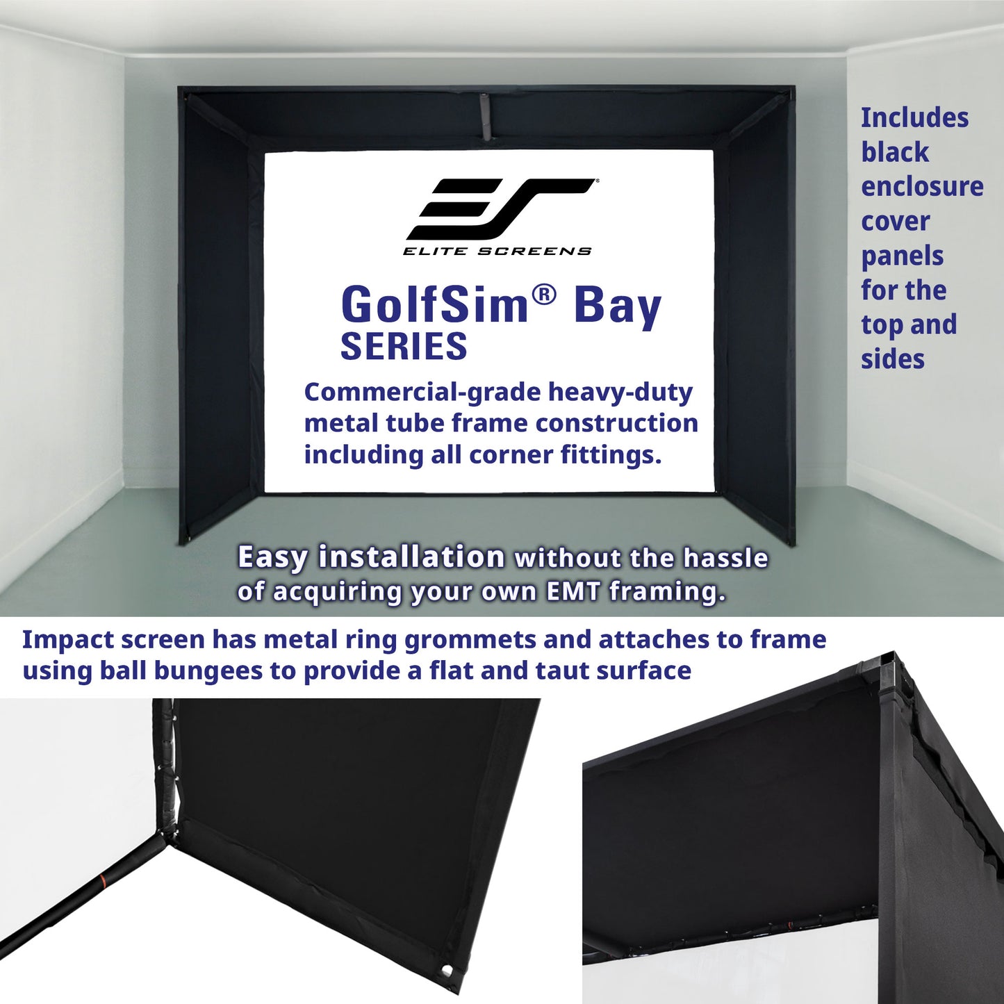 Elite Screens GolfSim Bay Series screen with installation details on a white background